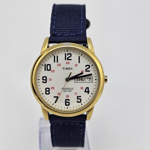 Timex Men's Watch 35MM White Dial Day Date New Blue Canvas Bands New Battery - Picture 1 of 13
